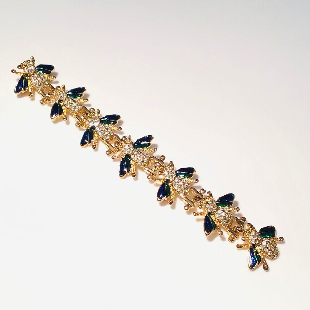 Crystal Bee Brooch Pin Dangle 7 Bee Strand 6" Enameled Gold Plate Bumble Bee Vtg